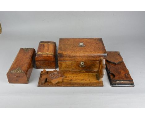A VICTORIAN BURR WALNUT WORK BOX, mother of pearl inlaid cartouche and escutcheon, width approximately 29.5cm, together with 