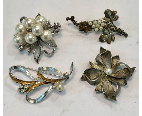 4 x Vintage 925 Sterling Silver Faux Pearl BROOCHES inc CZ, Floral (32g)