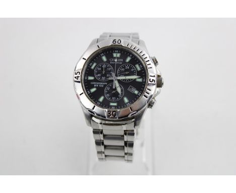 Gents CITIZEN Eco-Drive Chronograph WR100 Stainless Steel WRISTWATCH Working but no warranty given 