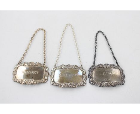 3 x Vintage Hallmarked .925 STERLING SILVER Decanter Labels Inc Whisky 