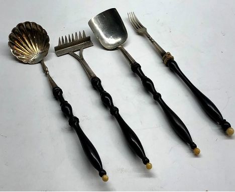 Antique Russian silver and ebony handle  serving set  full silver hallmark 84 each measures approx 15cm ebony handle split on