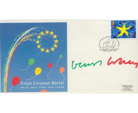 David Hockney, a signed (in green and red ink) 1992 Single European Market FDC. The stamp, (top right) was designed by Hockne