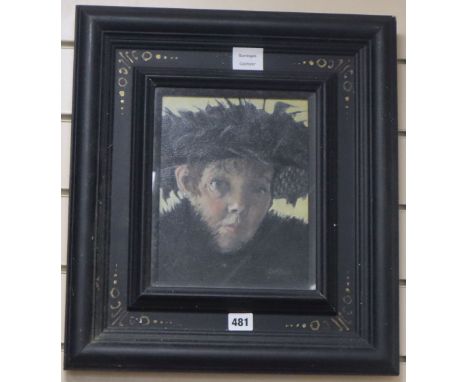 Alexandra Gardner (1945-) oil on canvas board, Self portrait with black feather hat, signed, 24 x 19cm