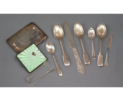 A silver and enamel compact (a.f.), a silver cigarette case and eight items of silver flatware.