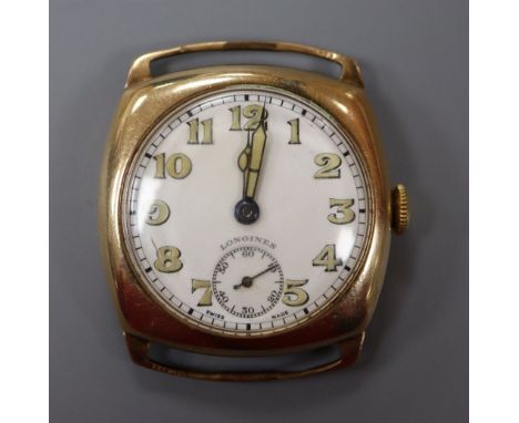 A gentleman's 1940's? 9ct gold Longines manual wind wrist watch (no strap).