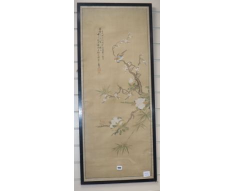 Chinese School, pair of watercolours on silk, Study of birds and a squirrel on flowering branches, signed, 102 x 40cm Provena