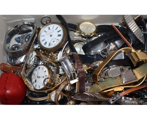 A large collection of assorted lady's and gentleman's wrist watches including Roamer, Rotary and Avia and two pocket watches.