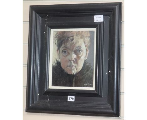 Alexandra Gardner (1945-) oil on board, Self portrait with a black feather collar, signed, 24 x 19cm