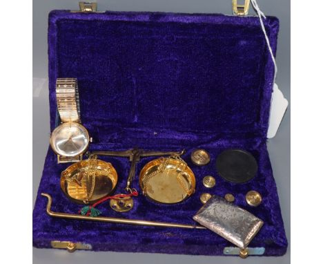 A small brass medallion, engraved with The Lord's Prayer, two wristwatches, cased jewellery scales and a silver snuff box.