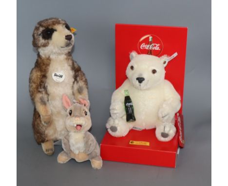 A Coca Cola bear, a Steiff Meerkat, and Thumper Rabbit, all unboxed