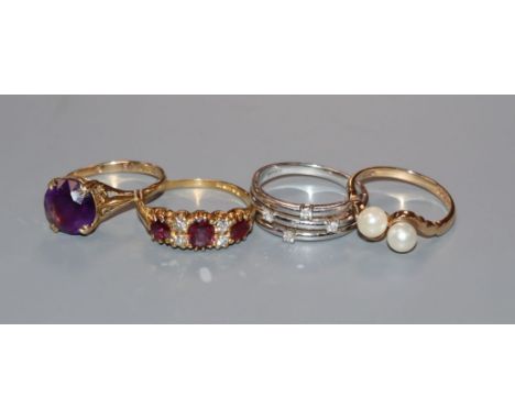 A Victorian style 18ct gold, ruby and diamond ring, a modern 18ct white gold and diamond ring and two 9ct gold rings.