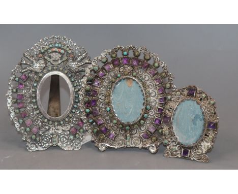 Three Mexican sterling 925, amethyst and turquoise set photograph frames, largest 12.4cm.