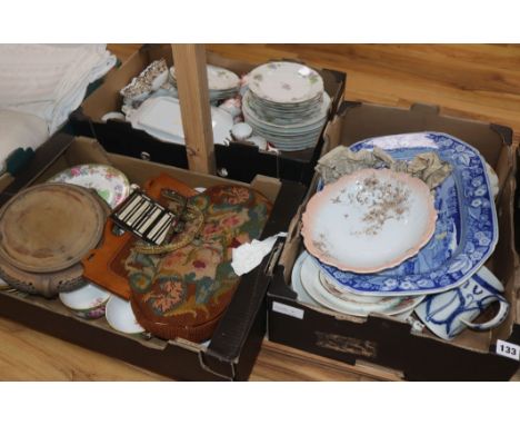 A mixed quantity of porcelain and pottery including Doulton, Crown Derby, etc, a Japanese hardwood stand &amp; a needlework b