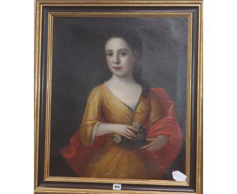 18th century English School, oil on canvas, Portrait of a lady holding a basket of flowers, 63 x 54cm