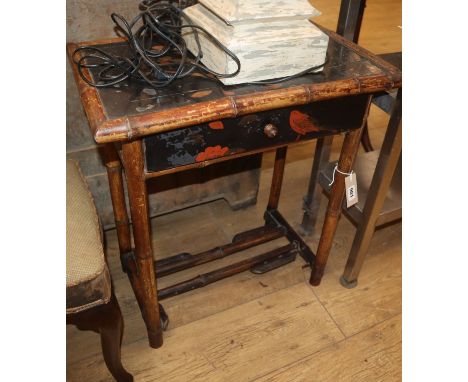 A distressed white and grey painted baluster table lamp and a Victorian bamboo framed lacquer table W.54cm