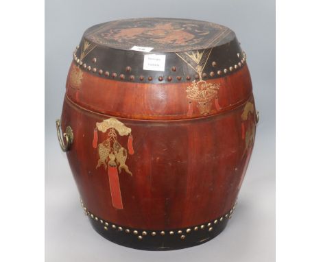 A Chinese red and black lacquer barrel shaped container Provenance - The owner and her family lived in Singapore in the late 