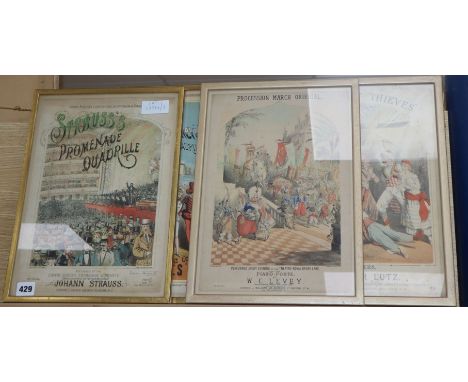 Five Victorian colour lithograph sheet music covers, approx. 35 x 25cm