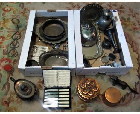 Two boxes of metalware, to include:  Victorian copper jelly mould, silver plate teapot, nut cracker in the form of a dog and 