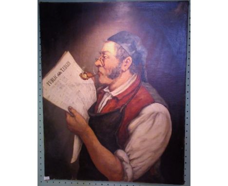 A 19th century unframed oil on canvas, portrait of a gentleman smoking a pipe and studying the Public Ledger, 54 x 69cm.