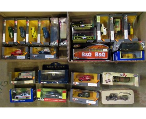 Two boxes of Corgi Classic and other related makes, to include: Solido tank, Corgi police van, military cars and other relate