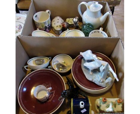Two boxes of miscellaneous china, to include: two Wedgwood 1953 Coronation mugs by Richard Guyatt &amp; Eric Ravilious, toget