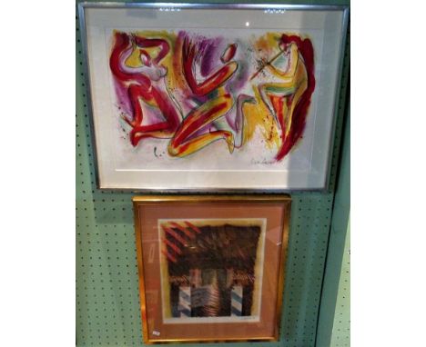 A 20th century framed and glazed lithograph titled The Flute Player and Her Lovers, signed Graedel, together with another fra
