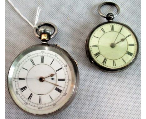 A Victorian pocket watch cum stop watch, keyless lever platform movement, white enamel dial, Roman numerals and three calibra