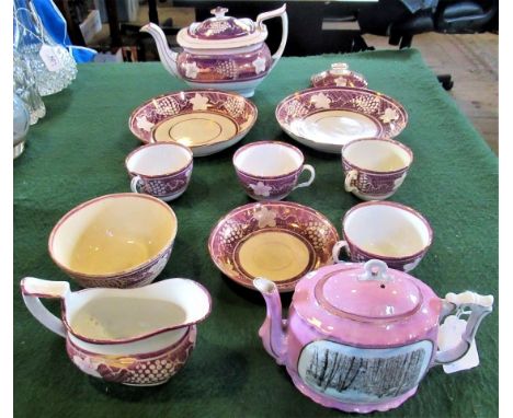 A quantity of 19th century pink Lustreware, to include: teapot, plates, cups &amp; saucers, together with a Motto Ware teapot