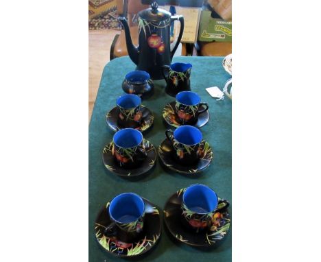 A Crown Ducal coffee service, consisting: coffee pot, milk jug, sugar bowl, six coffee cans &amp; saucers, with Oriental deco