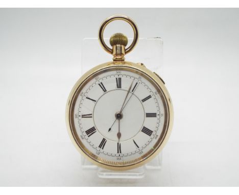 18K - A yellow metal cased pocket watch, the case interior stamped 18K, Roman numerals to a white enamel dial with subsidiary