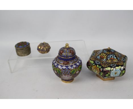A collection of cloisonne enamel and similar to include covered vase, trinket box and similar. Items were gifted to the vendo