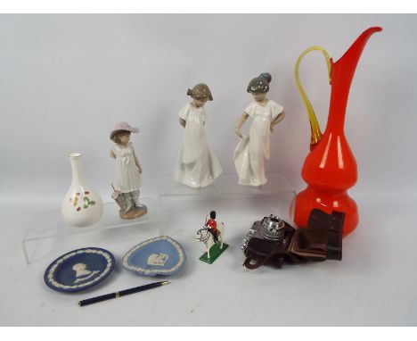 A mixed lot to include Nao figures, vintage camera, toy soldier, further ceramics to include Wedgwood Jasperware and similar.