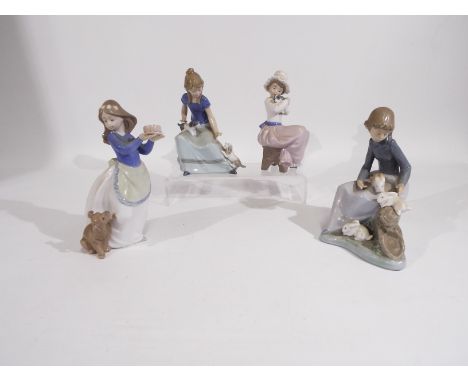 Nao - Four figures depicting young girls with animals, largest approximately 18 cm (h).