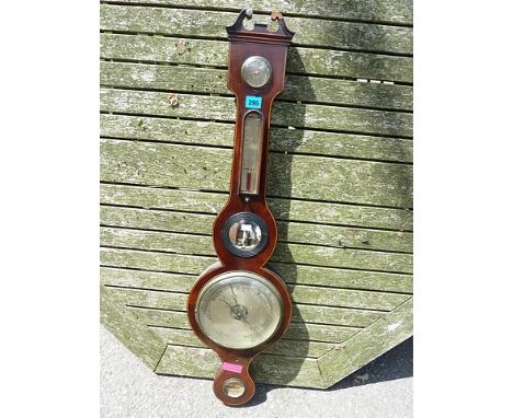 A Regency string inlaid mahogany cased wheel barometer with broken swan neck pediment A/F, L C Newport