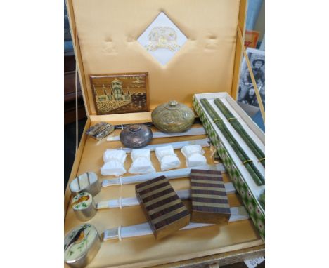 Cased chopstick sets, a white metal oriental trinket box and others, together with an oriental lighter