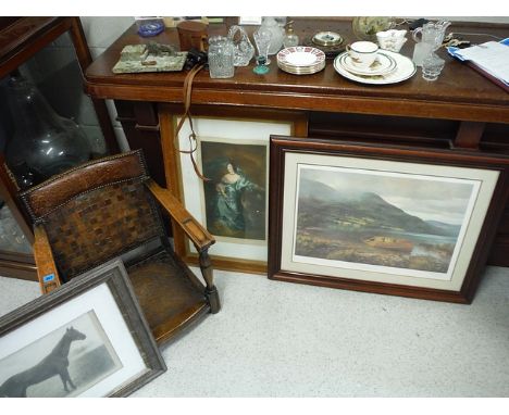 A mixed lot to include ceramics, a barometer, prints, binoculars, an Art Deco green marble desk stand, glassware and a 1930s 