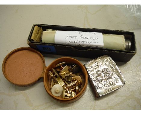 A boxed Otis King calculator and a 9ct gold stick pin, Victorian prayer book and mixed cufflinks