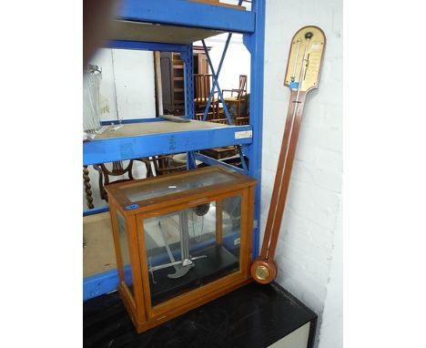 Scientific related items to include a  mahogany glazed case scales and a modern mahogany and brass stick barometer