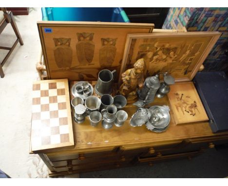 Games, metalware, marquetry trays and pictures to include Backgammon sets