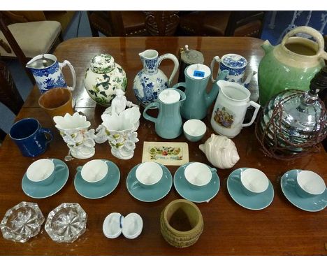 A Delft jug and other mixed jugs, together with a Poole part coffee set, a silver coloured table lamp and miscellaneous items