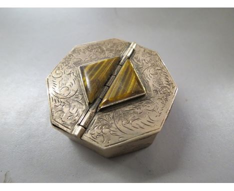 A 925 hallmarked octagonal shaped trinket box, inset with two tigers eyes stones