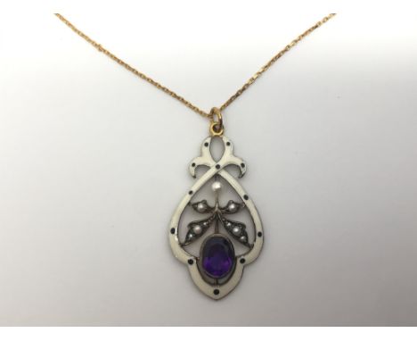 A boxed enamel and pearl pendant set with a central amethyst and suspended on a 9ct gold chain, approx 3.9g.