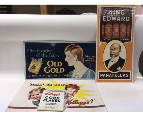 Vintage double sided plastic advertising sign for shop display for King Edward panatellas, similar sign for Kellogg’s Corn Fl