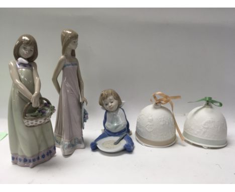 A collection of Lladro and NAO figures together with Lladro bells