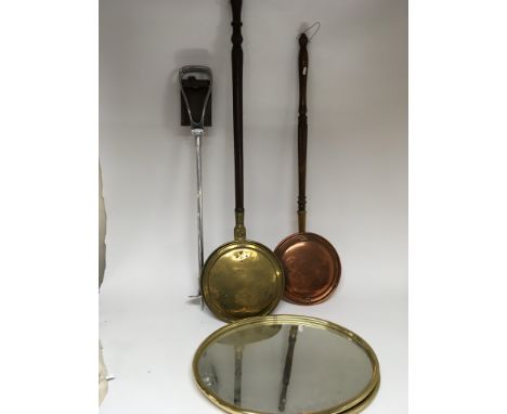 Two antique copper and brass warming pans two oval mirrors and a chrome shooting stick - NO RESERVE