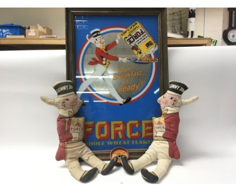 Vintage Force Flakes original advertising mirror, two original Force Flakes Sunny Jim figures and Force Flakes yo-yo