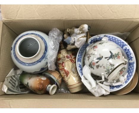 A box of Oriental ceramic items and other oddments.