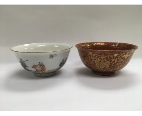 Two Republic era ceramic bowls, one decorated with various figures on a white ground, the other with giltwork decoration on a