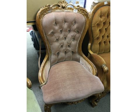 A Victorian Style ladies chair with a carved top rail and button back draylon upholstery - NO RESERVE