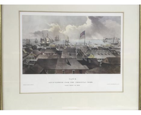 A coloured lithographic plate of Kingston, Jamaica by Joseph Bartholomew Kidd, a framed print of 'The first fleet entering Po